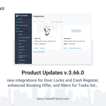 Product Updates v. 3.66.0: new integrations for Door Locks and Cash Register, enhanced Booking Offer, and filters for Tasks list