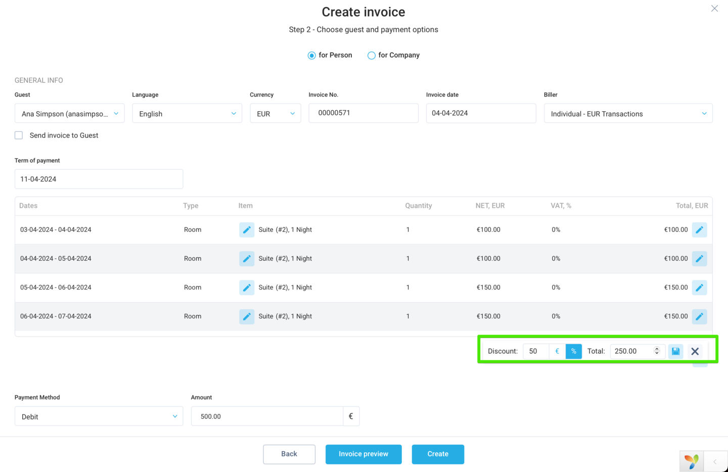 Specify discounts as a fixed amount or a percentage during invoice creation