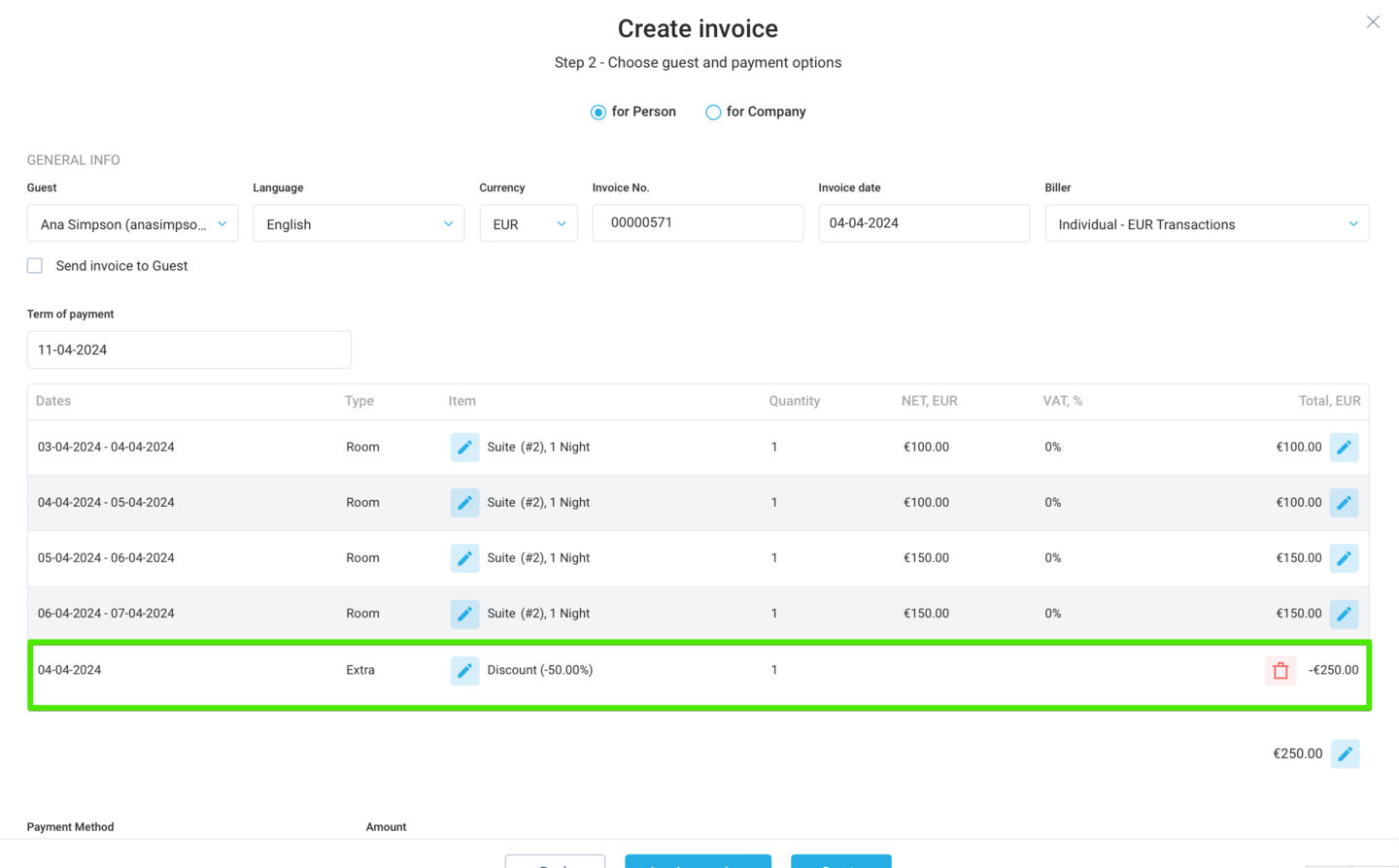 Specify discounts as a fixed amount or a percentage during invoice creation