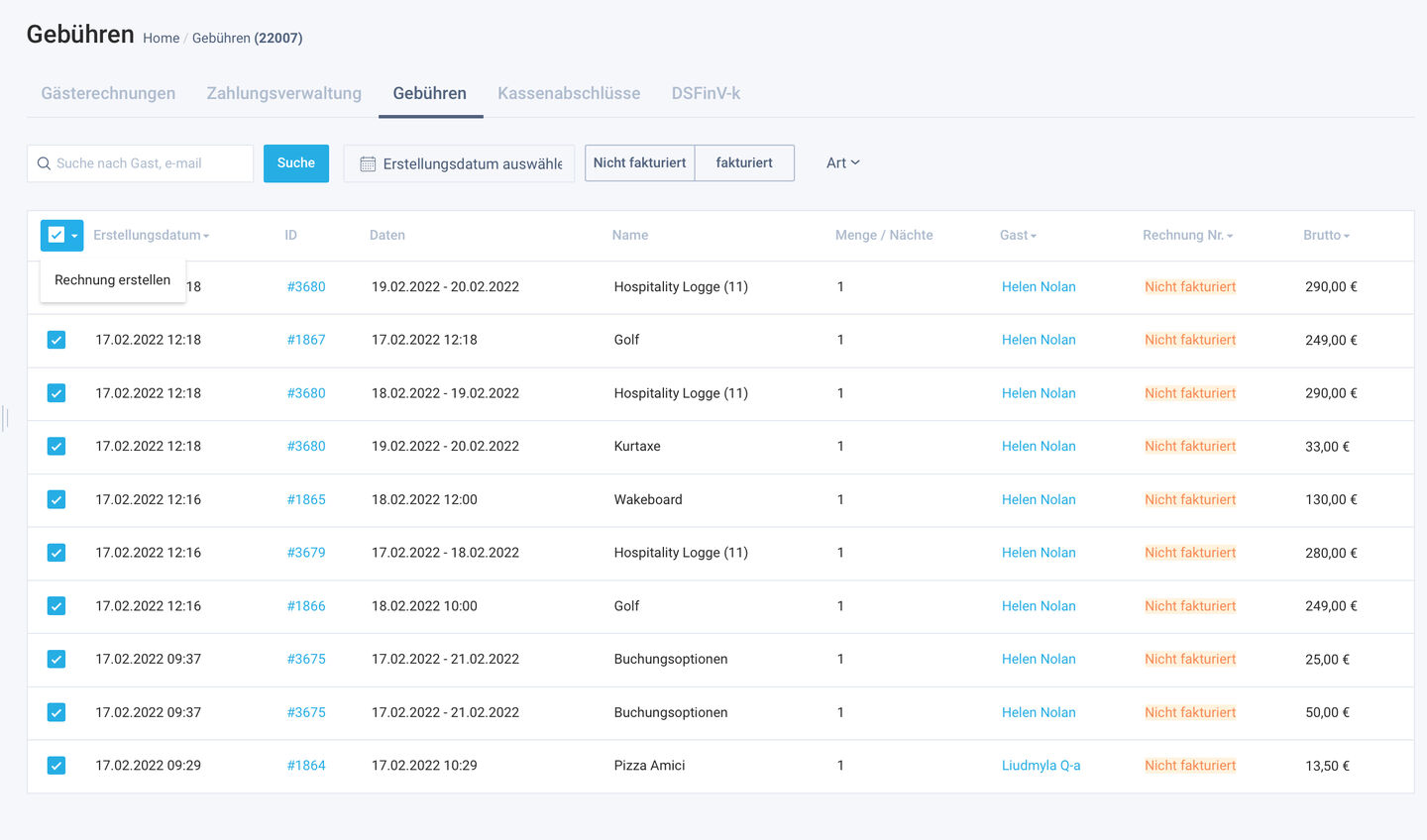 Introduced Charges tab to the Accounting module, where the Hotelier can see and filter a list of all unpaid positions with the option to create invoice.