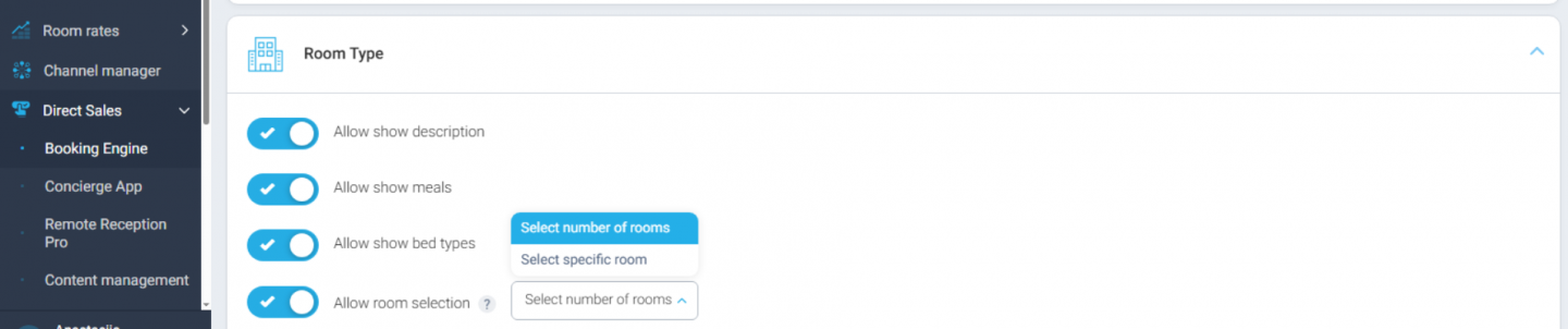 New toggle for room quantity and specific room selection
