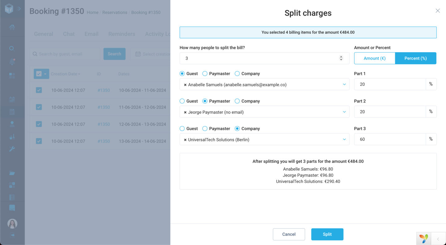 Split charges among the guest, company and Paymaster