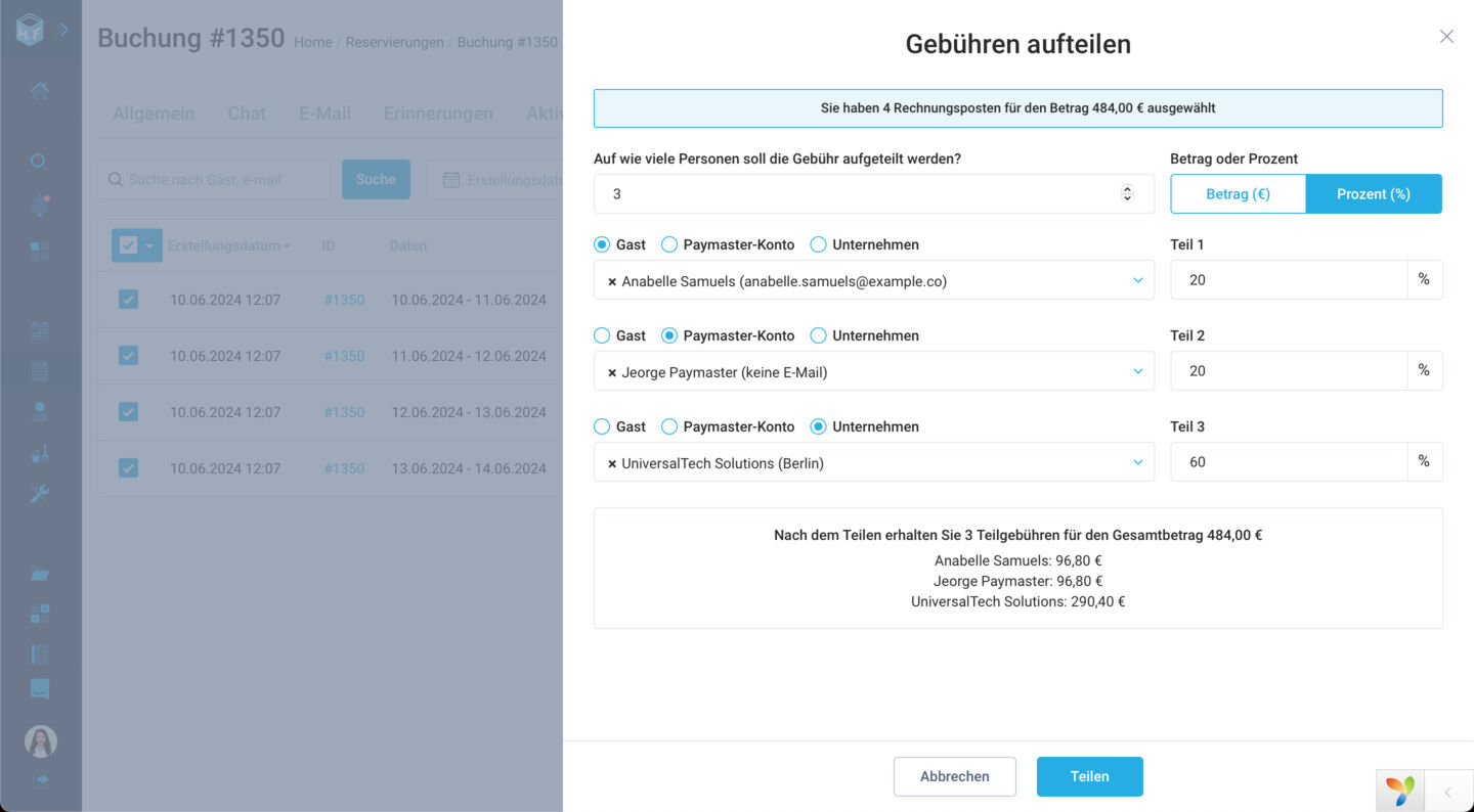 Aufteilung der Gebühren auf den Gast, das Unternehmen und den Zahlmeister