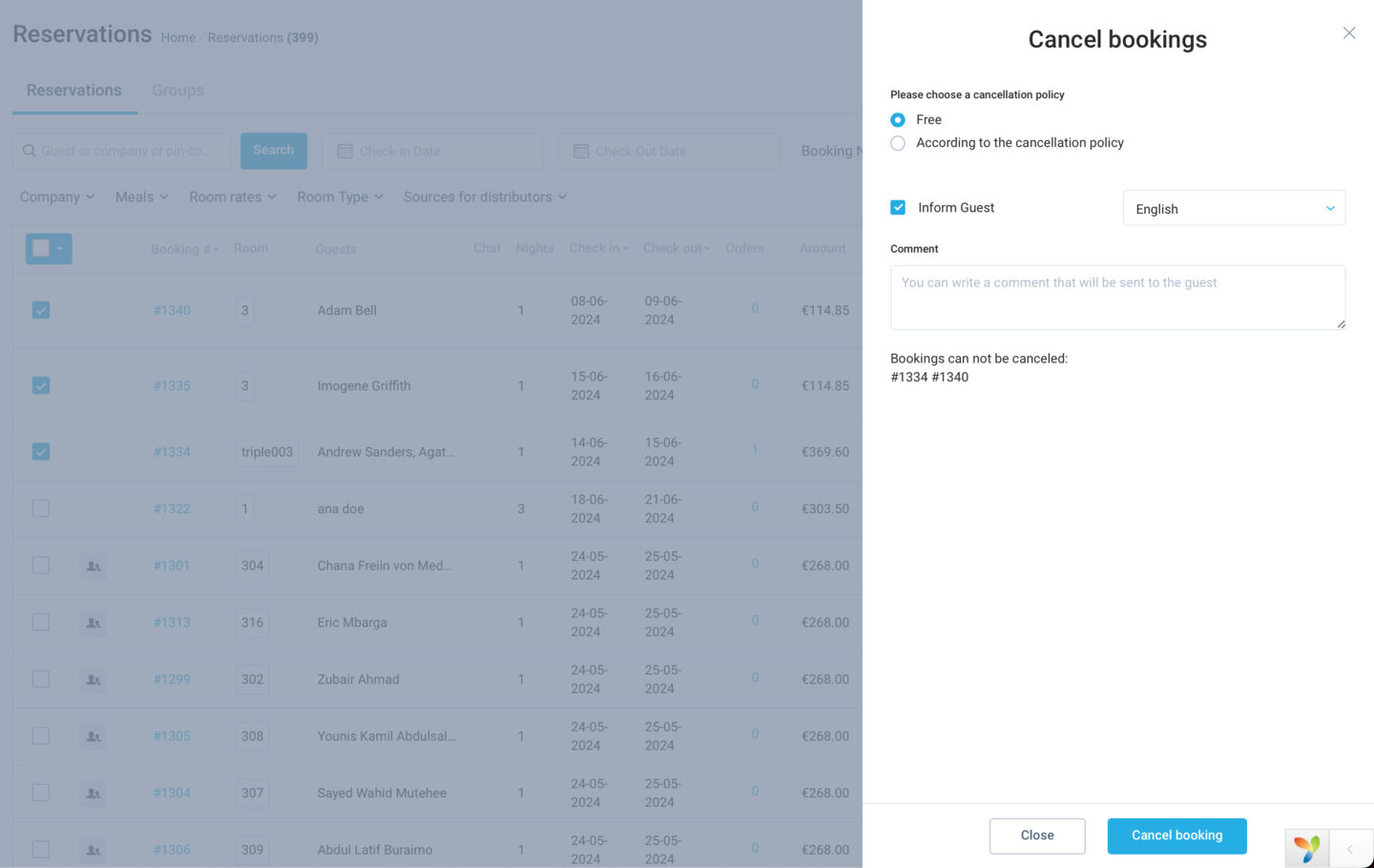 Added “Cancel reservations” action for multiple bookings