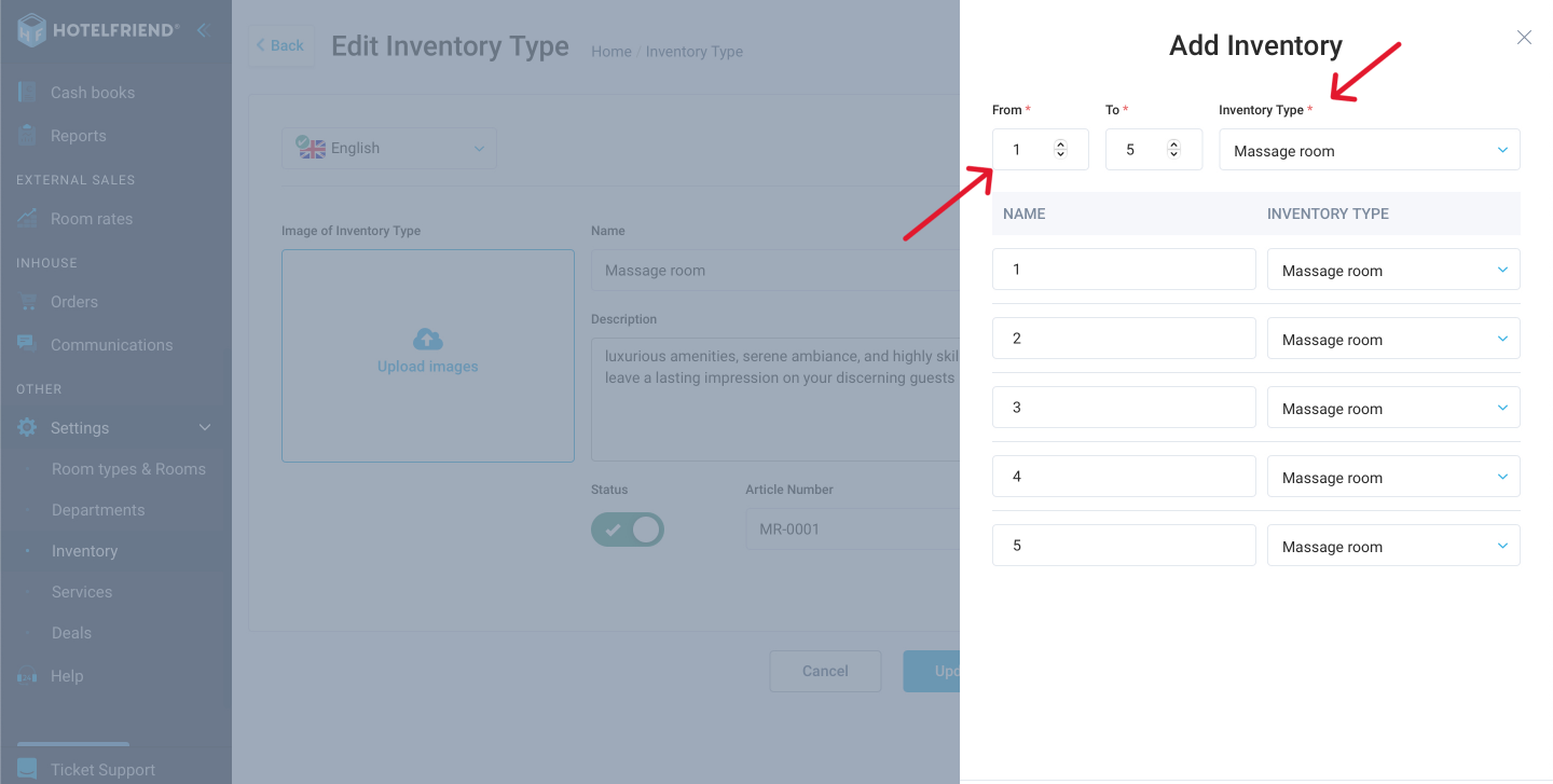 In the “Add Inventory” modal window, you can set the number of units available for reservation.