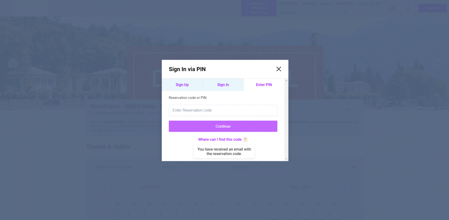 Introducing an ability to log in to the Booking Engine via PIN