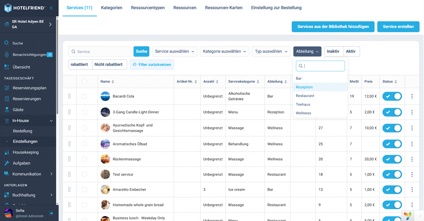 Filter nach Abteilungen im Service-Modul