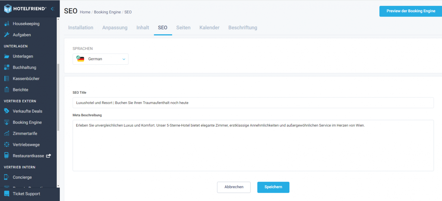 Leichtere Verwaltung des Titels und der Meta-Beschreibung der Booking Engine