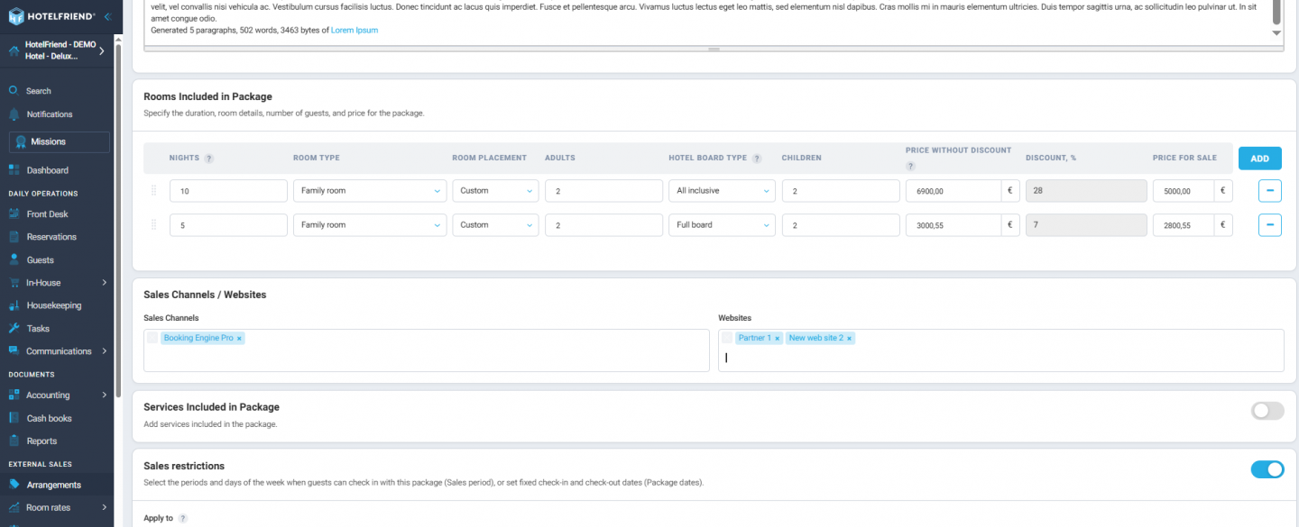 Correct package pricing with included board meals