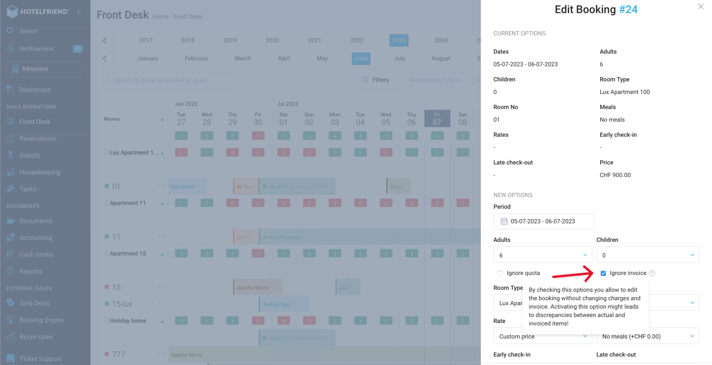 Edit the booking without changing the invoice