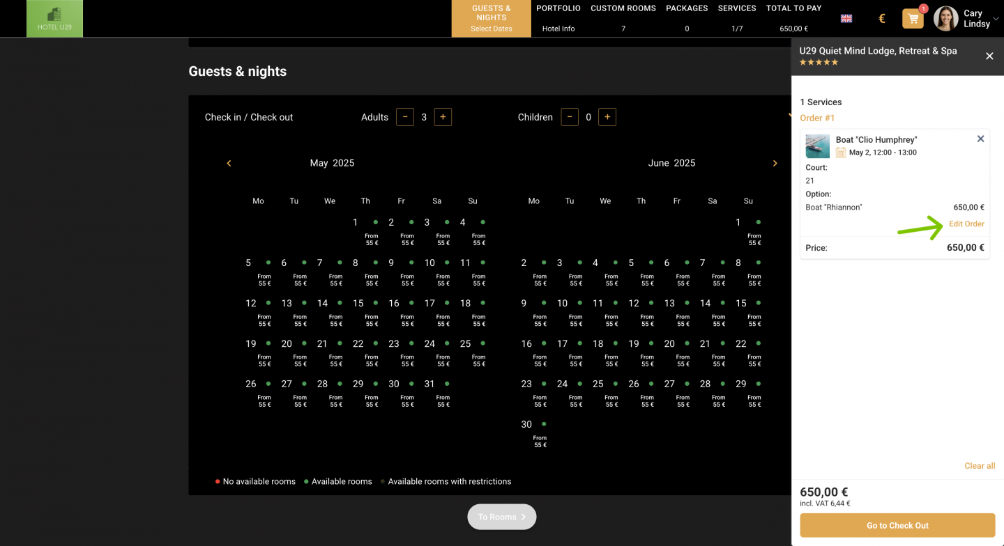 Guests can now edit hourly service orders in their carts