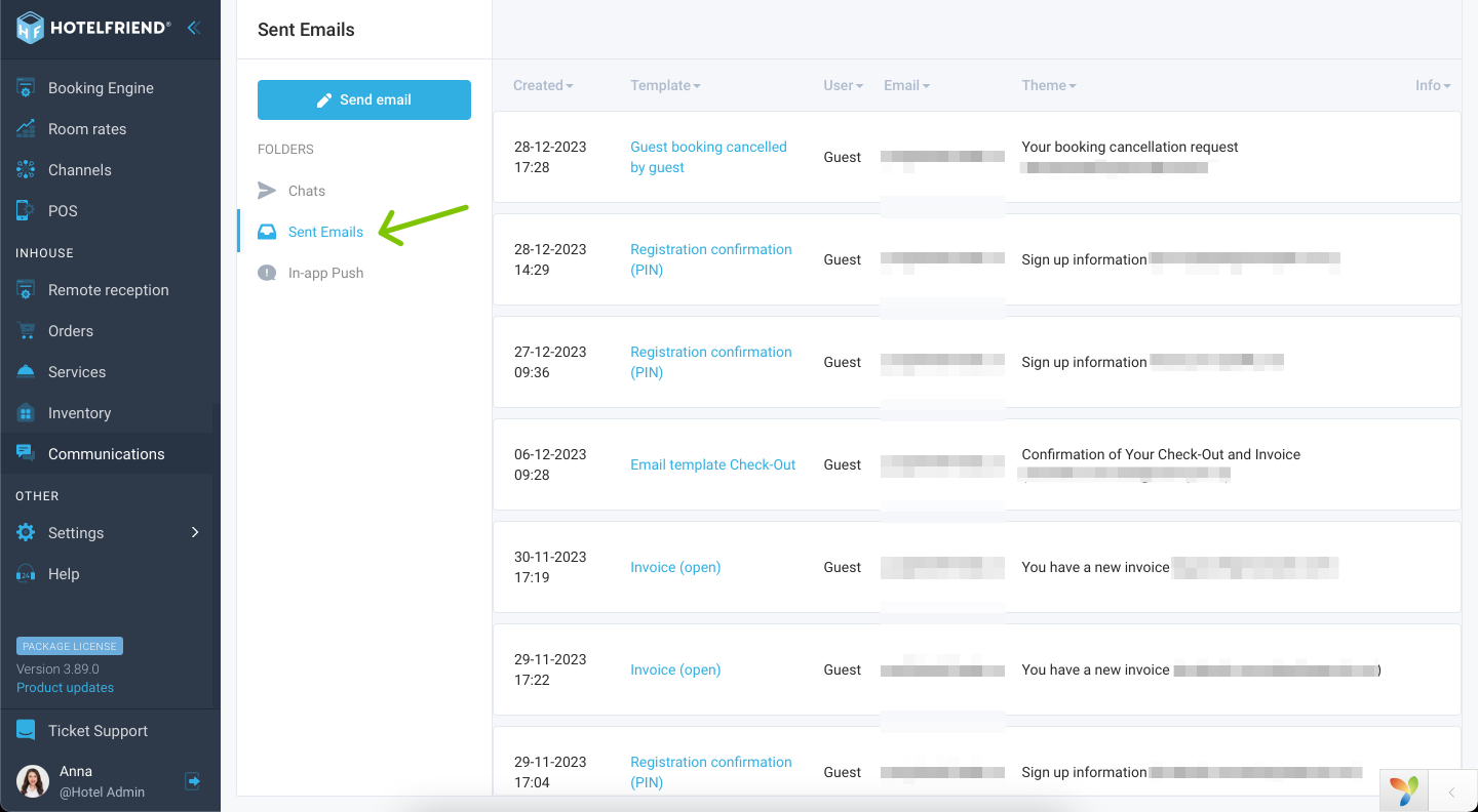 Review your communication history with the Sent Emails tab