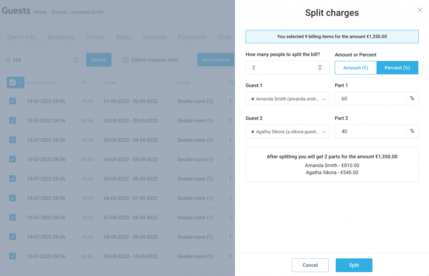 Now you can split charges between several guests by amount or percentage before invoicing. For instance, you can split one bill between two guests and let one of them pay 60% and the other one – 40% of the whole sum.