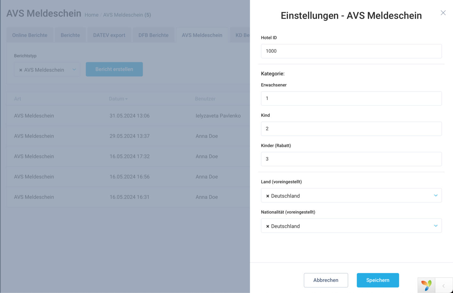 Einführung des AVS Meldeschein-Exports in Reports