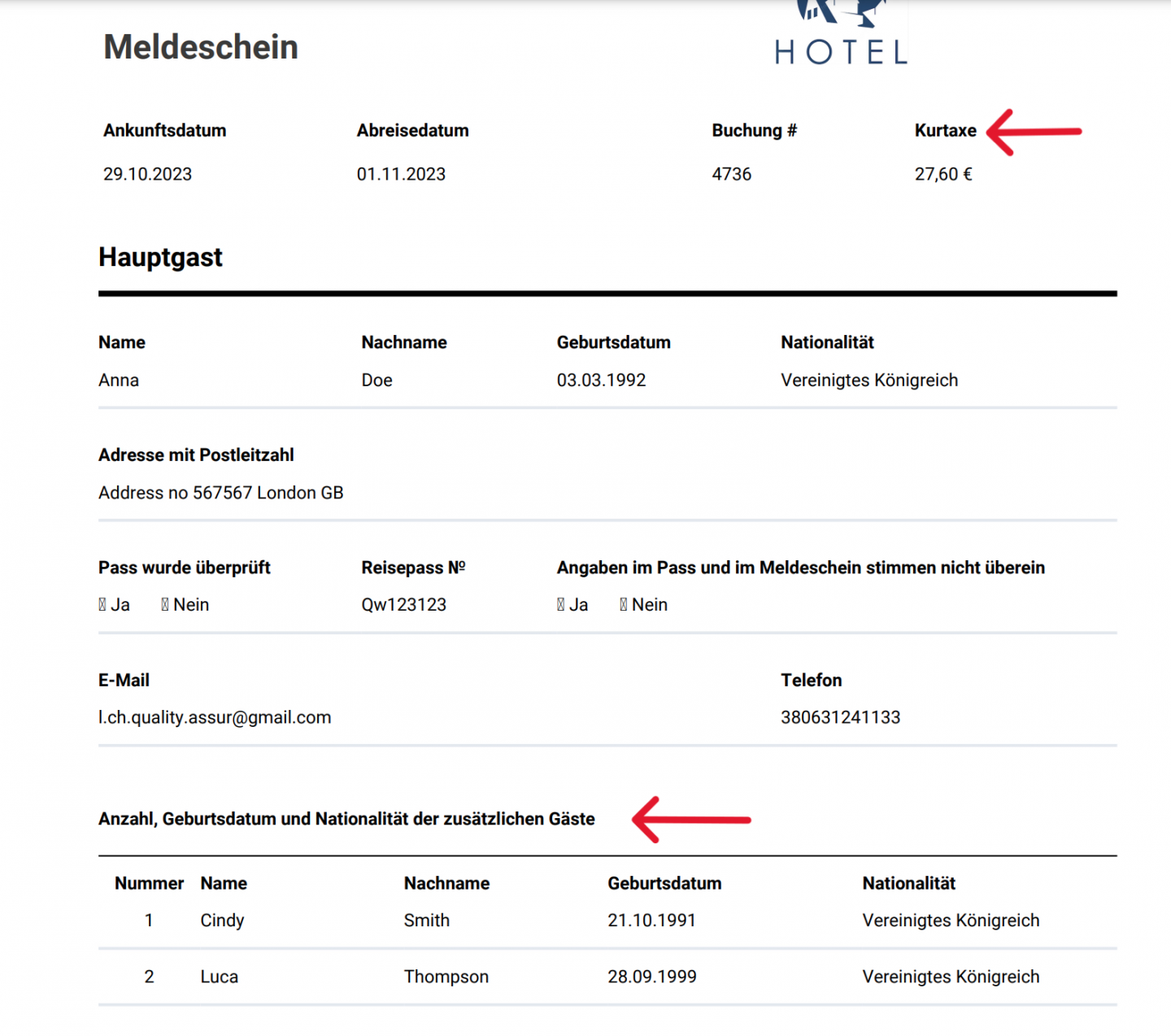 Umfassende Gästeinformationen im Registrierungsformular