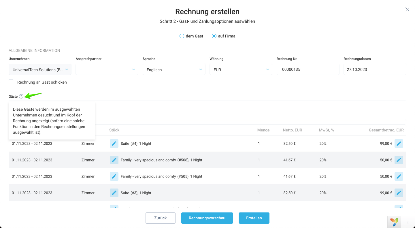 Namen von Gästen in den Rechnungskopf aufnehmen