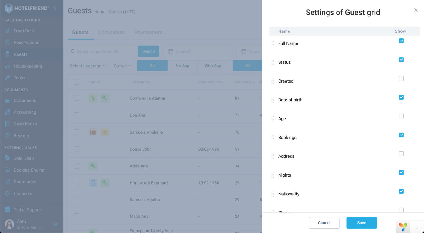 We've added Guest Grid Settings, a feature exclusive to Hotel Administrators, enabling them to customize which fields appear on the guest list.