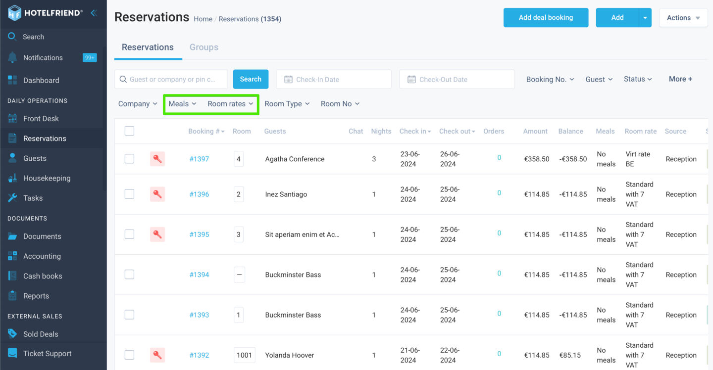 To enhance your reservation management experience, we've introduced new filters on the Reservation page: Meals Type and Room Rate.