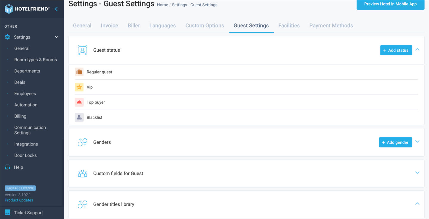 The Guest status management has moved from the Guest card to Guest Settings, where you can create, edit, or delete statuses applicable to all hotel guests.