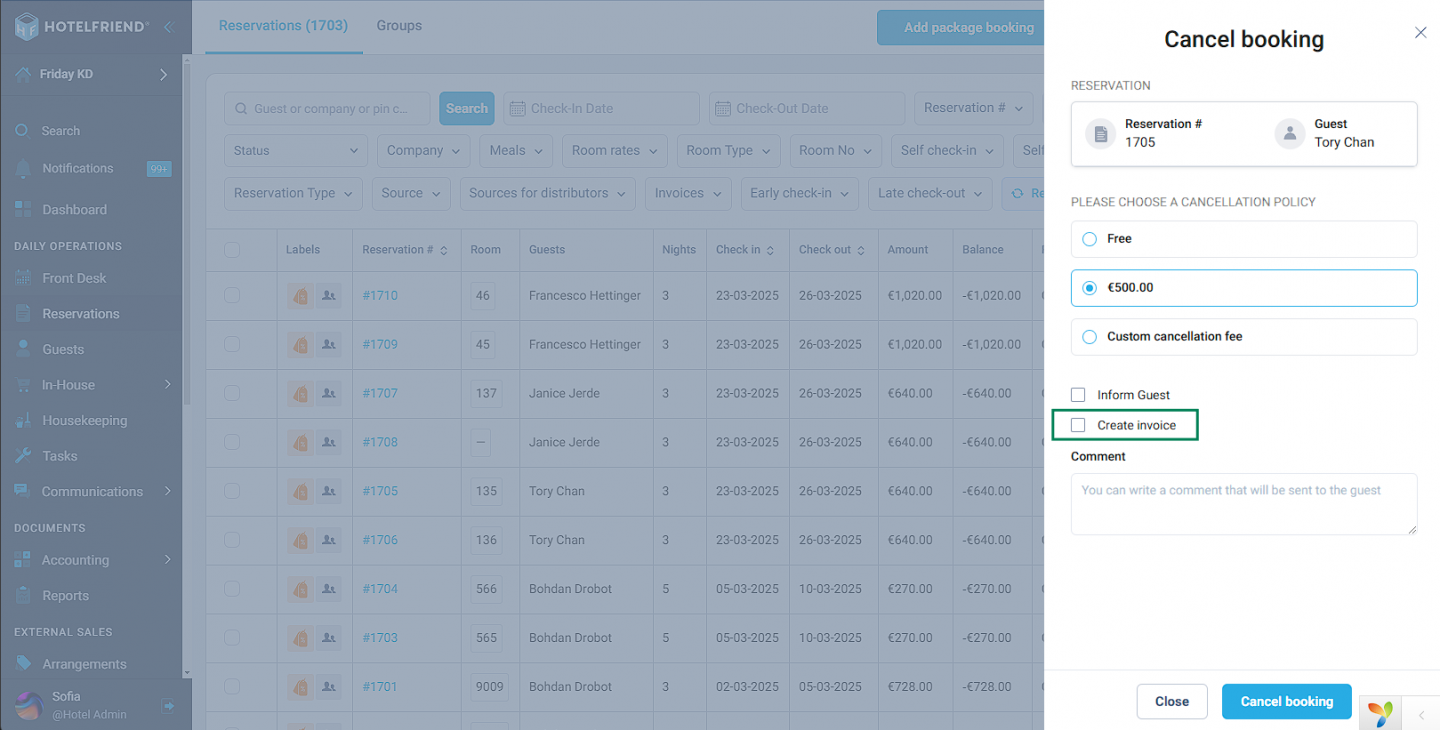 Note that cancellation fees are not automatically included in the invoice