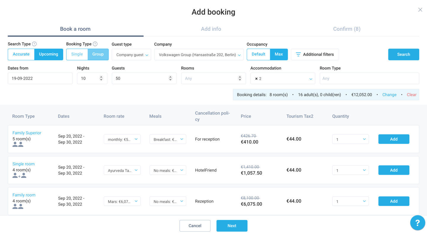 Using the “Upcoming” option, an advanced mode, which has much more search settings. It can help you to find accommodation for large groups in a more flexible way. It can show results not just for specific dates, but also from a certain date in the future