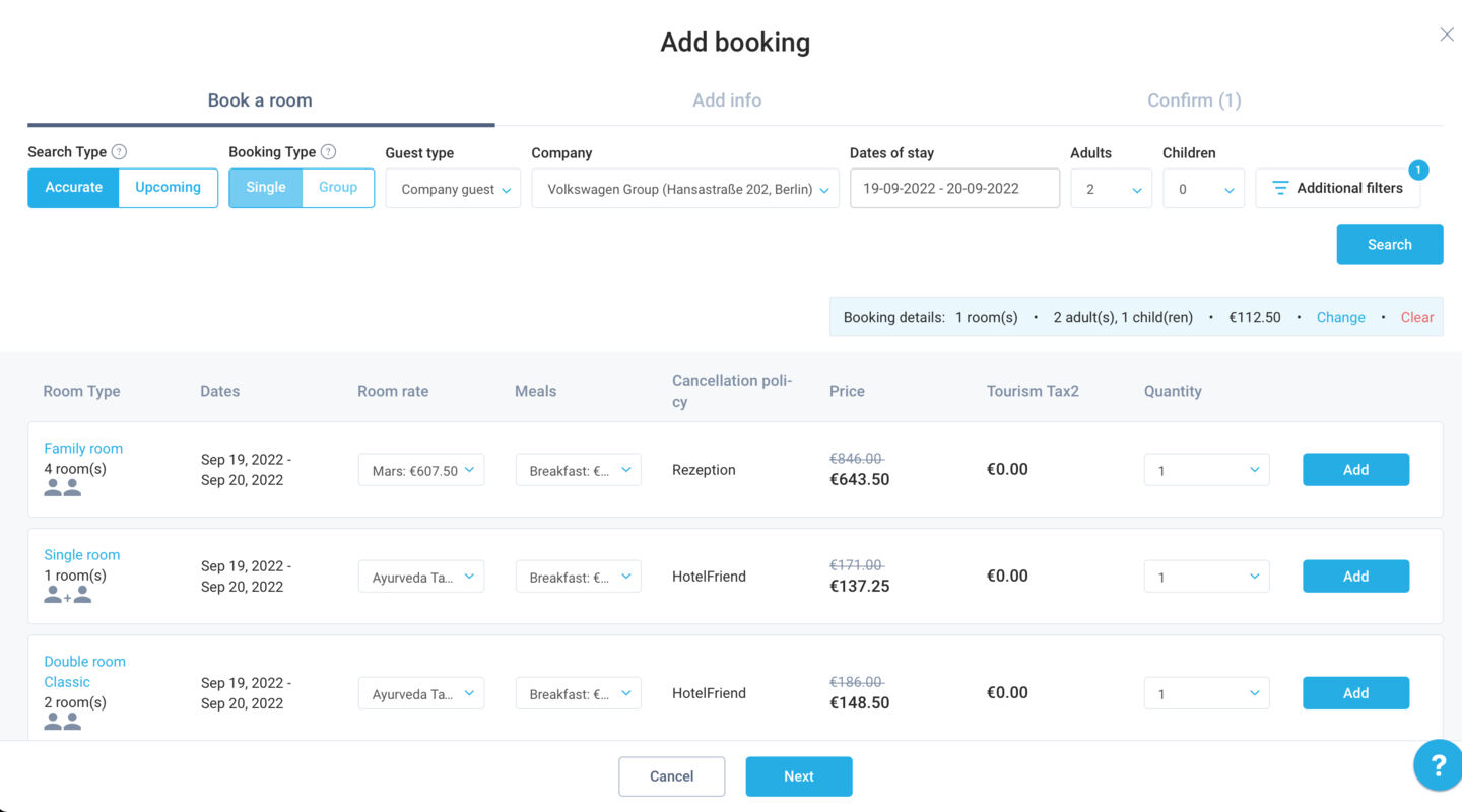 Improved accommodation search in the “Add booking” modal window