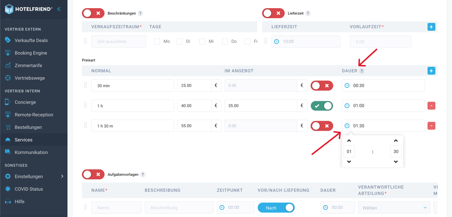 Verbesserte Einstellungen für Servicepreise: Passen Sie die Service-Dauer präzise an