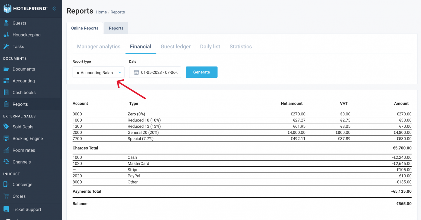 Full overview of VAT charges in the Accounting Balance Report