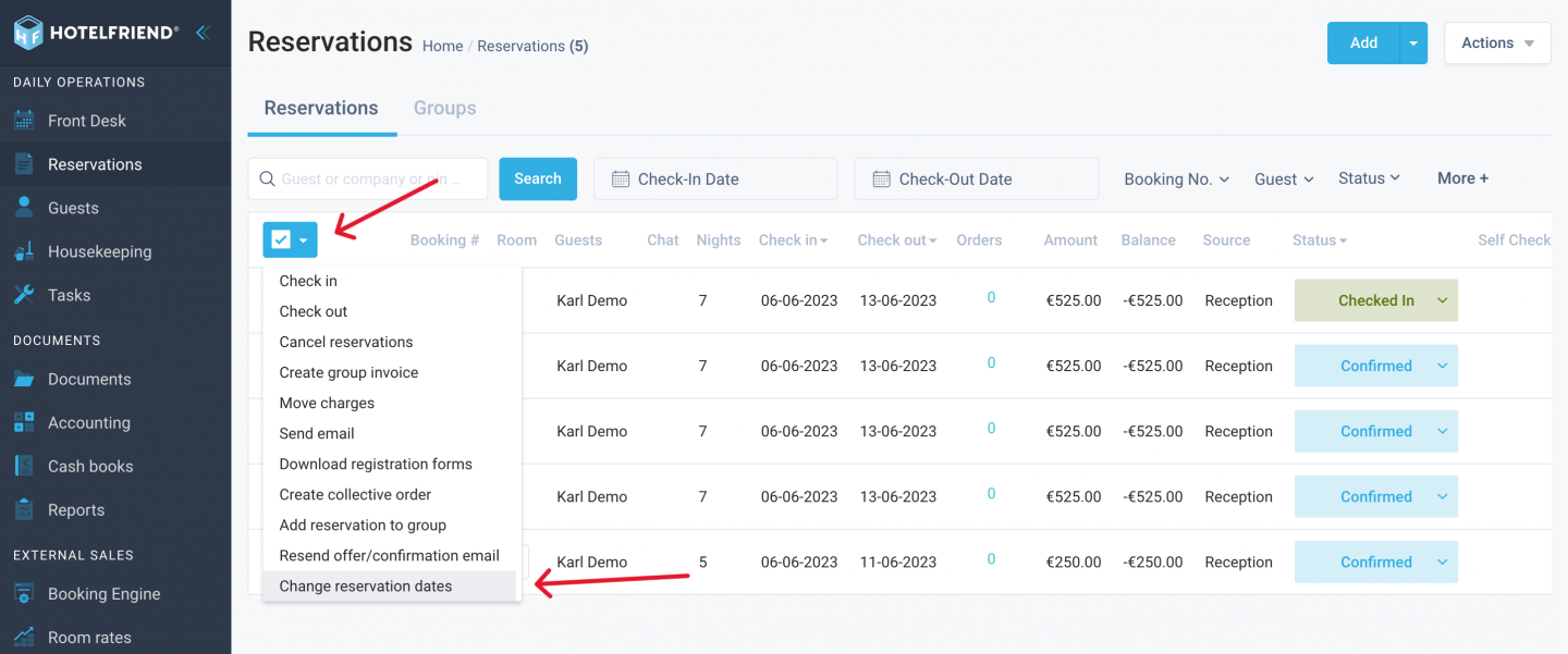 Group action to modify dates for several bookings at once