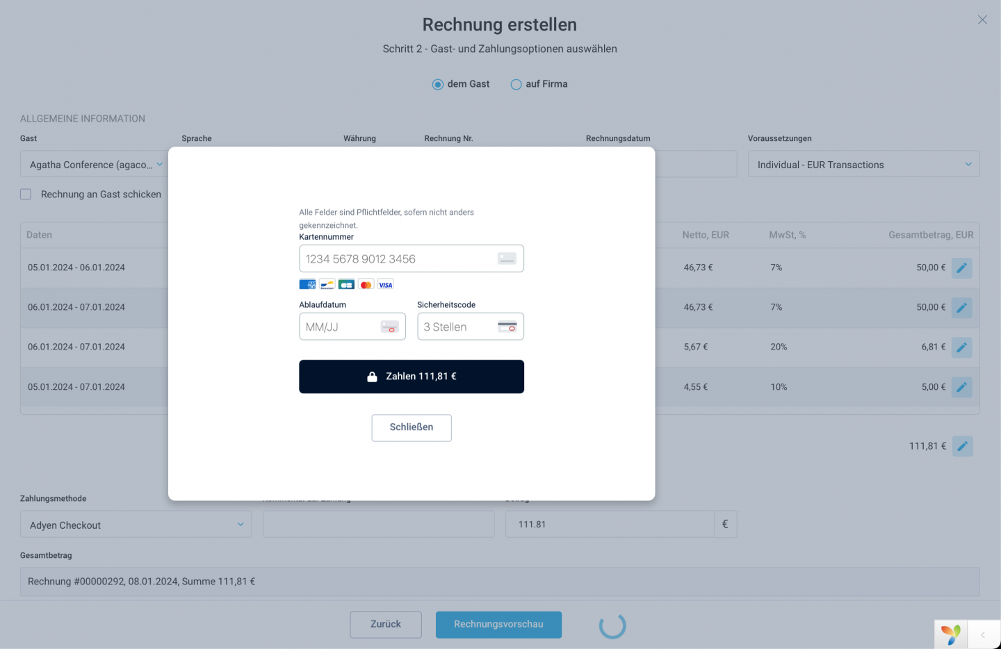 Auch wenn ein Gast keine traditionelle Plastikkarte hat, können Sie problemlos die Details der virtuellen Karte in ein benutzerfreundliches Widget eingeben. Dadurch können Gäste problemlos mit ihrer virtuellen Karte bezahlen.