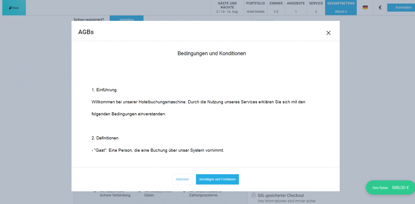 In der Booking Engine wurde ein neues Modalfenster für die AGBs hinzugefügt. Sie können diese verwalten, indem Sie im HotelFriend-System zu Einstellungen > Allgemein > Bedingungen und Konditionen navigieren