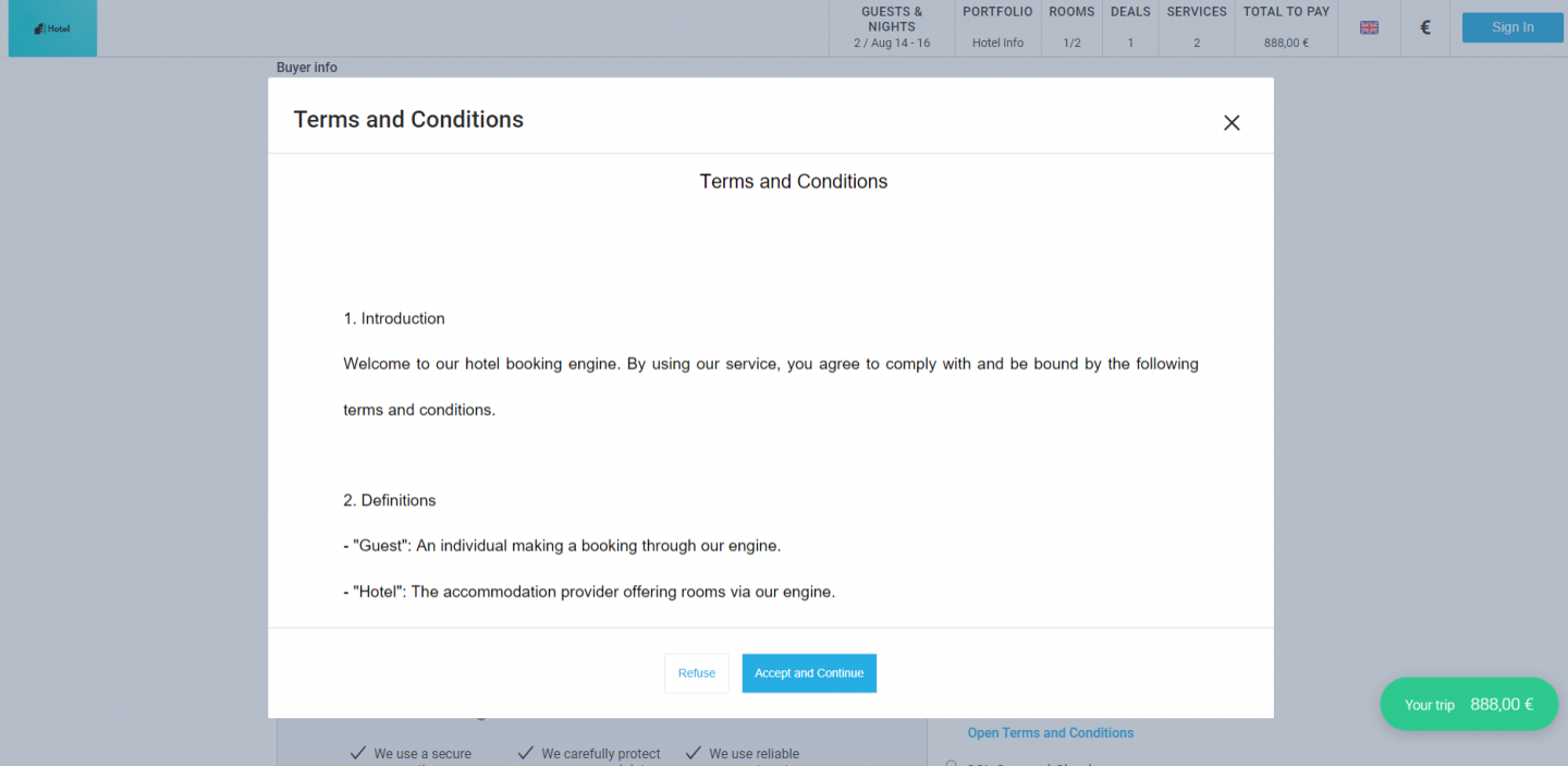 A new modal window for Terms and Conditions has been added to the Booking Engine