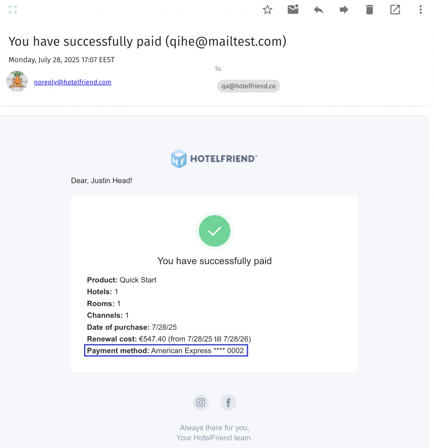 Payment method shown in HotelFriend subscription confirmation emails