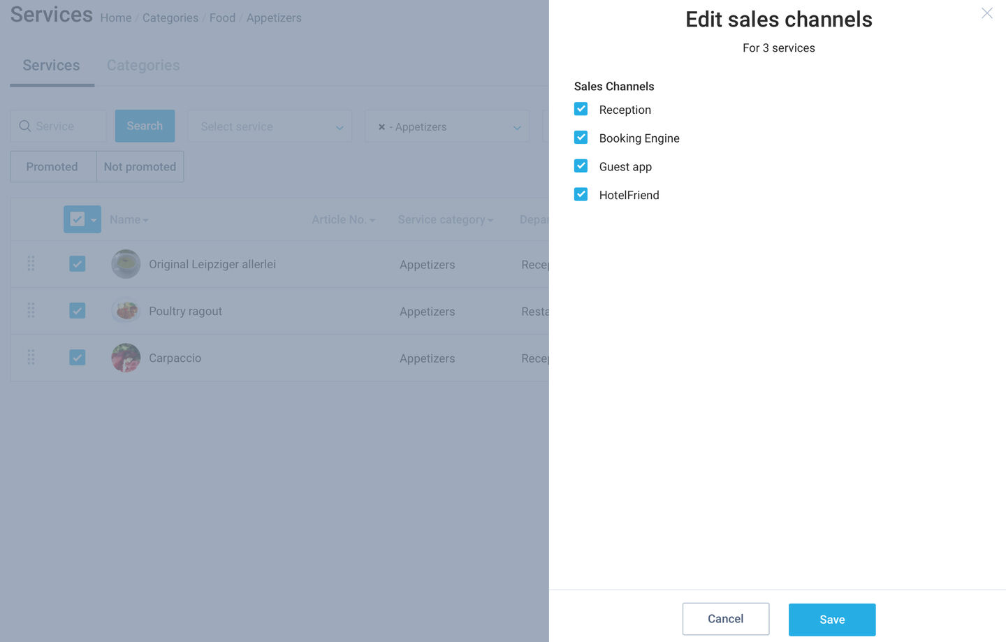 Services: added an option to set different sales channels for services. Accessible by using actions in the Services list. Group action is also available.