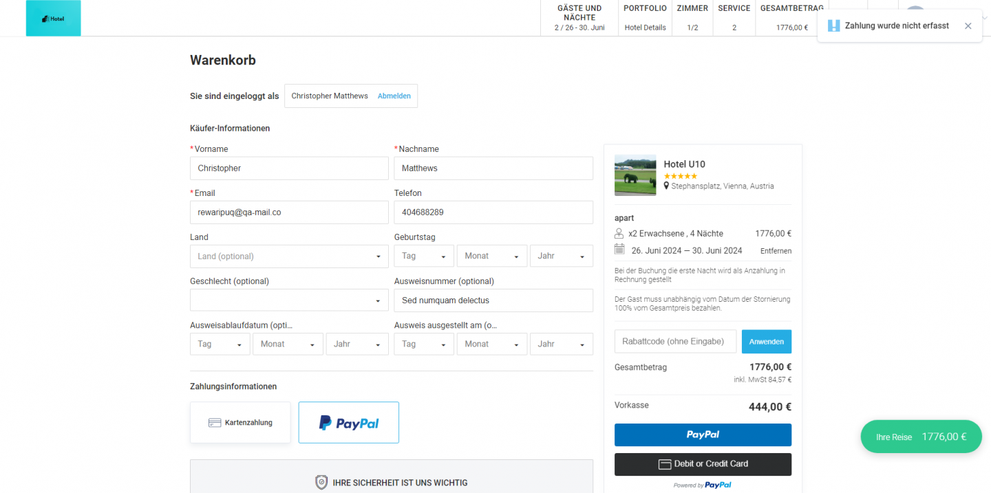 Popup-Meldung für PayPal-Zahlung Stornierungen