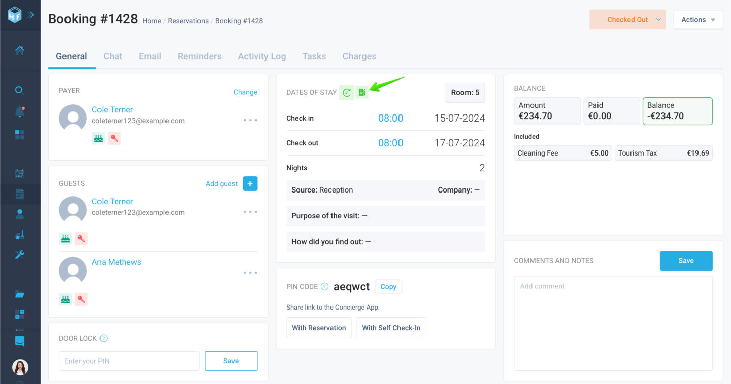 Every time a reservation status changes to “Check-in” (from Due-in, Confirmed, or Booking Offer), a registration form file is automatically created and sent to Feratel. 