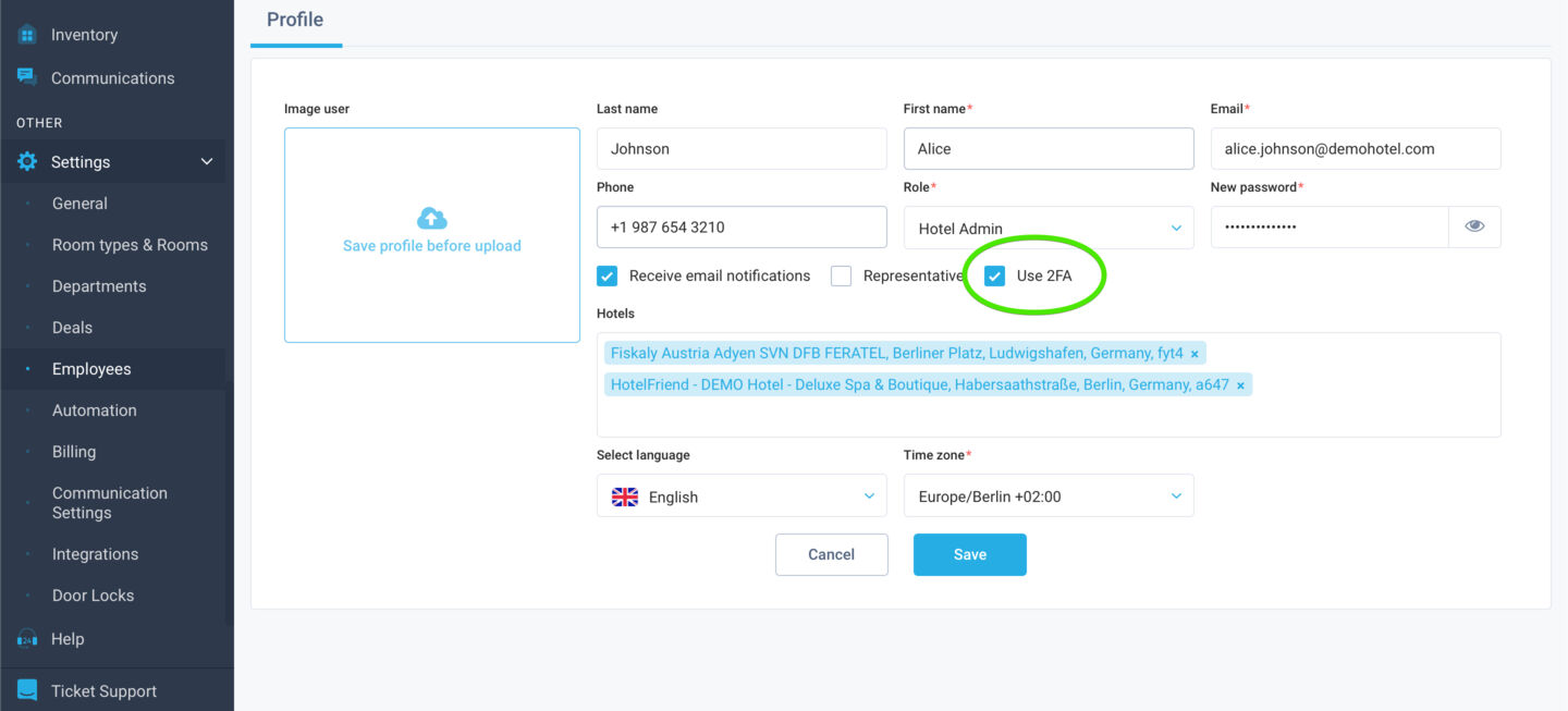 Enhanced security with two-factor authentication for user login in the PMS