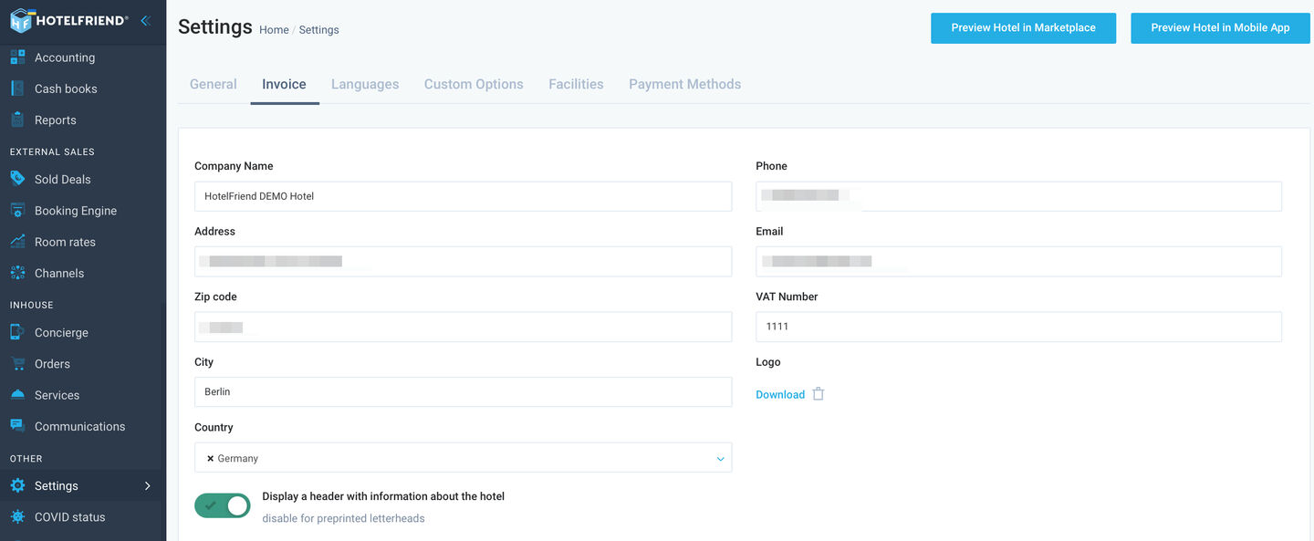 Added an opportunity to show or hide hotel information in the invoice