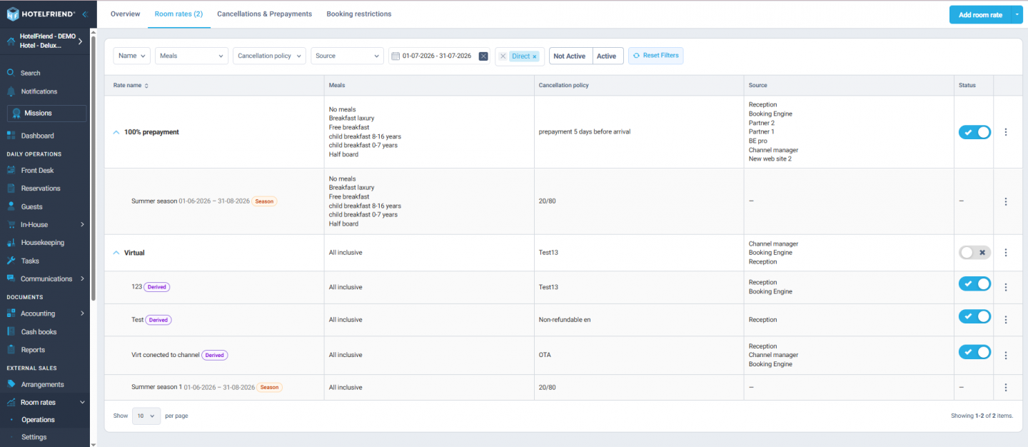 The unified Rates page gains two new filters for hotels with many rates
