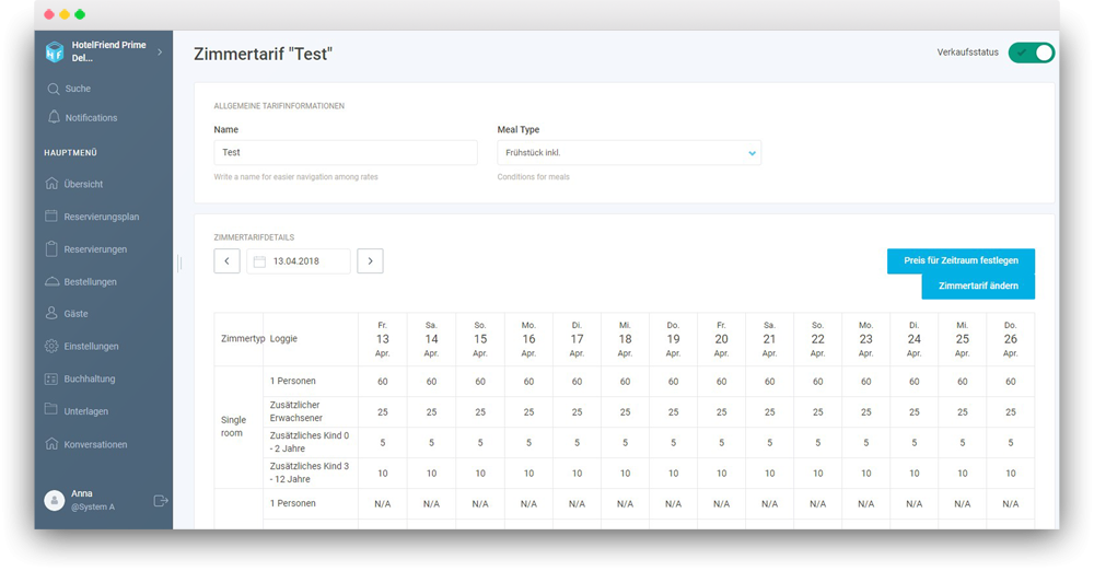 Preisgestaltung verarbeiten - HotelFriend Portal