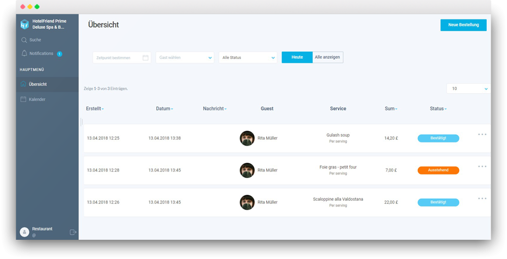 Bestellungen (heute) - HotelFriend Portal