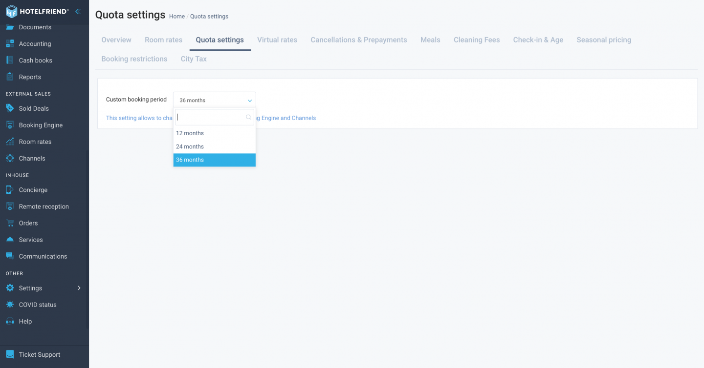 Custom booking period option for Booking Engine and channels in Quota settings