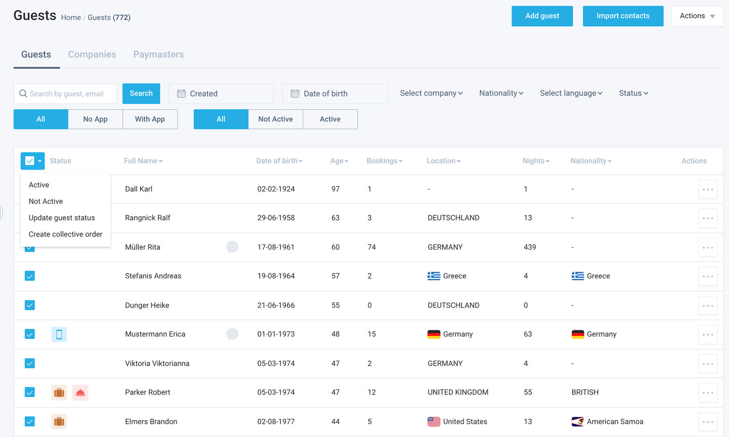 Default action (delete/disable/enable/export) in page Guest // page Documents > Services PDF // page Orders (all) // page Concierge // page Settings > Room types & Rooms > Rooms // page Services;