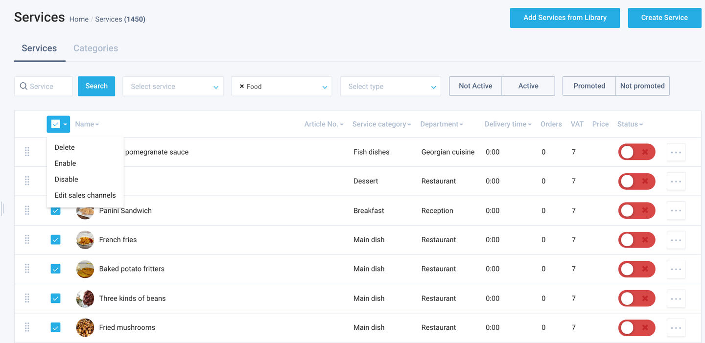 default action (delete/disable/enable/export) in page Guest // page Documents > Services PDF // page Orders (all) // page Concierge // page Settings > Room types & Rooms > Rooms // page Services;