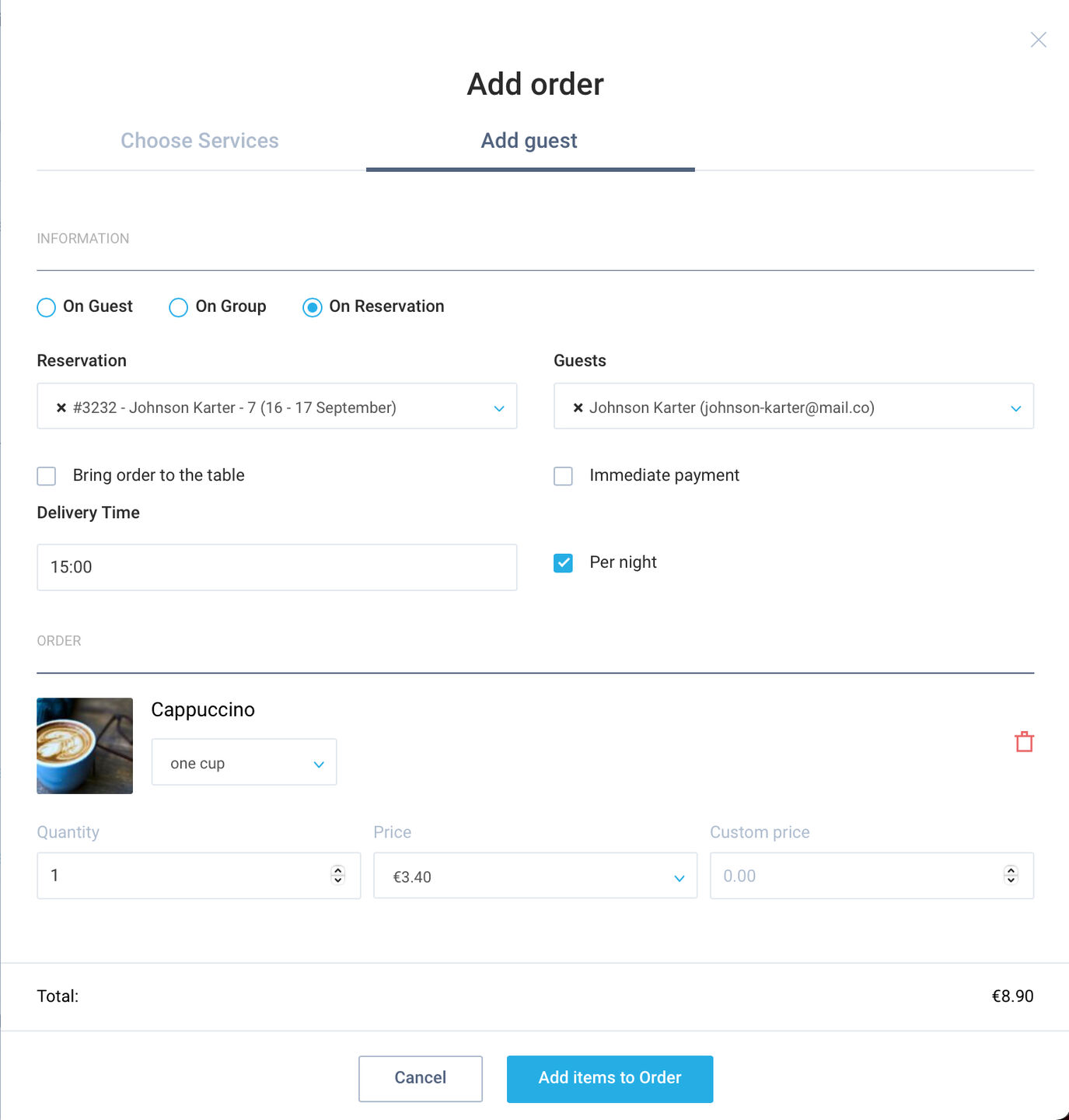 Add order modal now allows