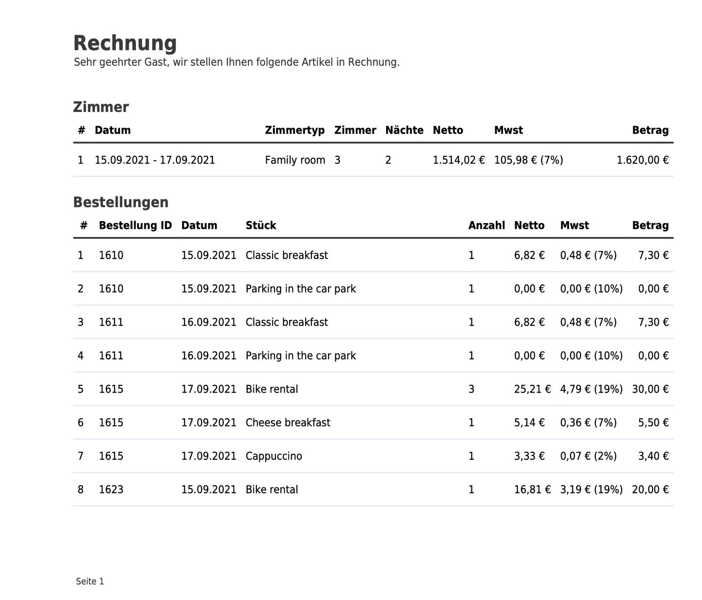 Bestellungen in der Rechnung