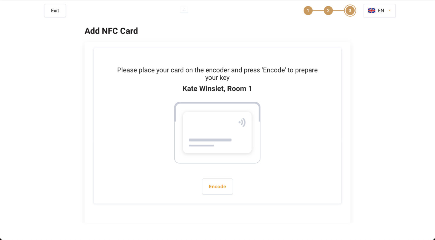 The Door Lock Page allows guests to encode room key cards