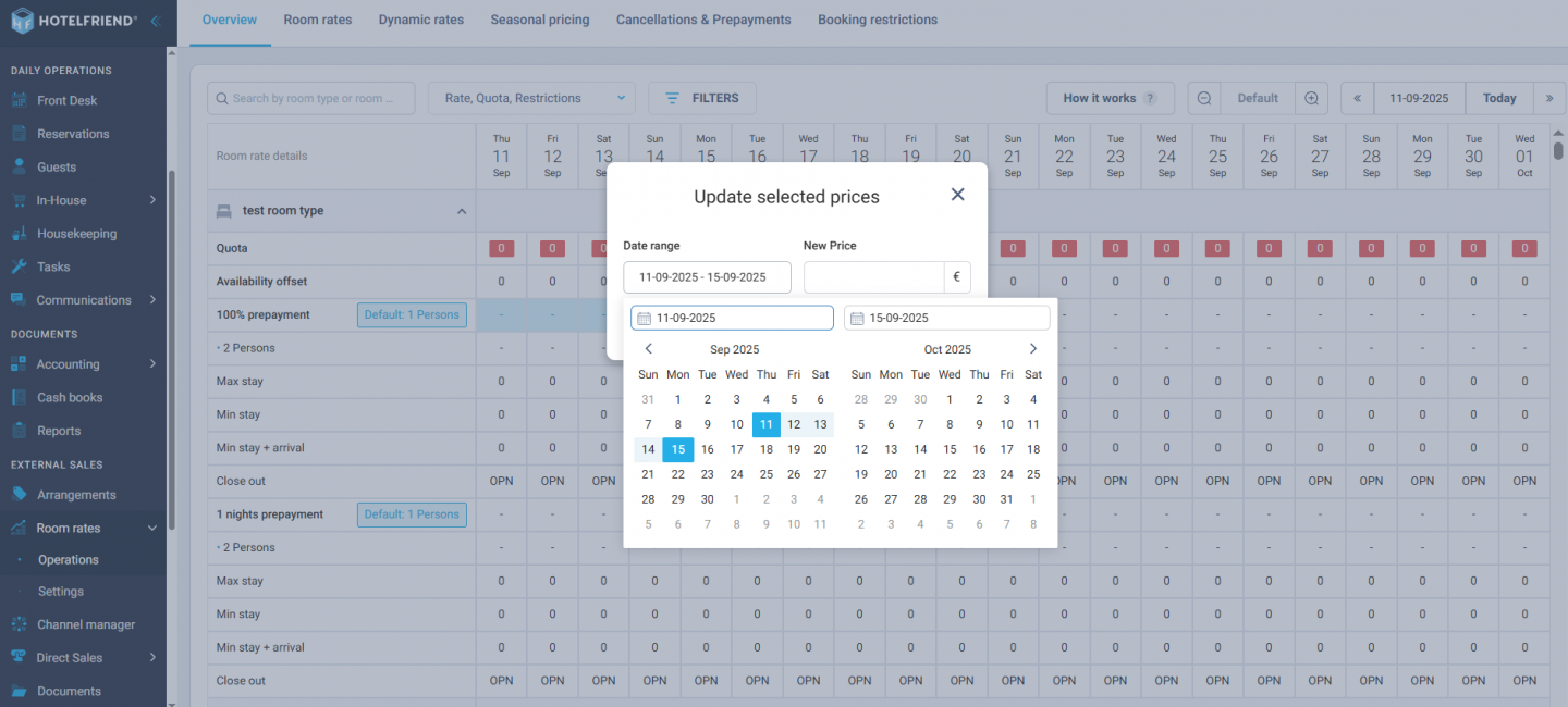 In the Update Selected Prices modal in Room Rates, you can now edit not only the prices but also the date range.