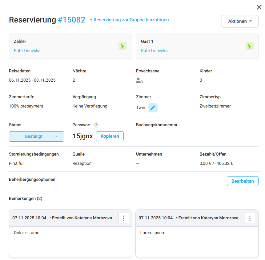 Notizen im Fenster „Reservierung bearbeiten“