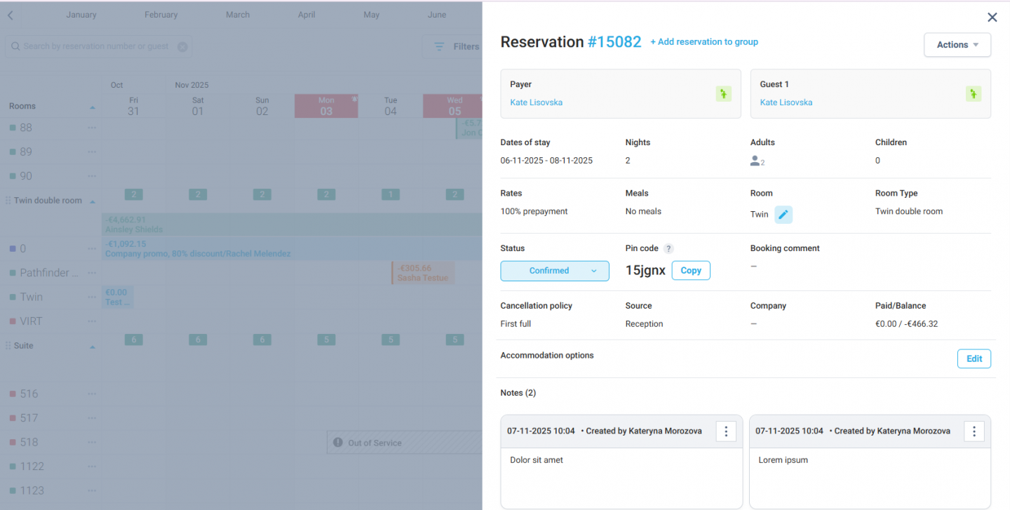 Notes in Edit Reservation Modal
